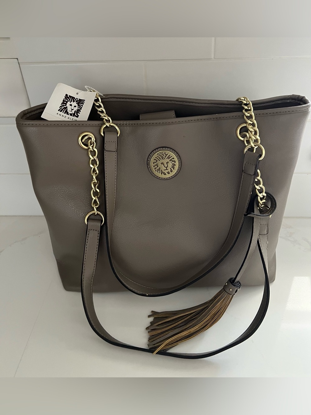Anne Klein Taupe Tote Bag with Gold Chain Straps Logo 13”x12”x4.5”-NWT